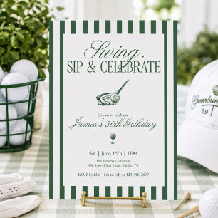 Swing Sip Celebrate Golf Birthday Green Stripe Invitation