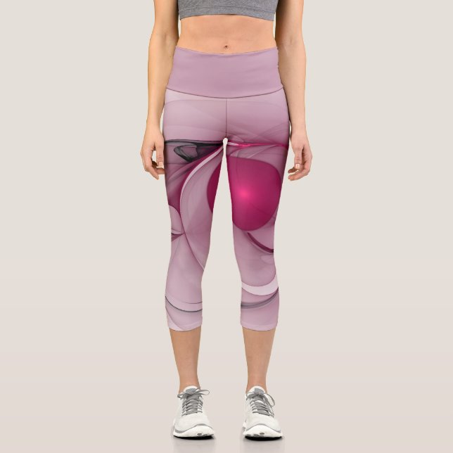Swinging Fractal, Modern Abstract Berry Pink Art Capri Leggings (Front)