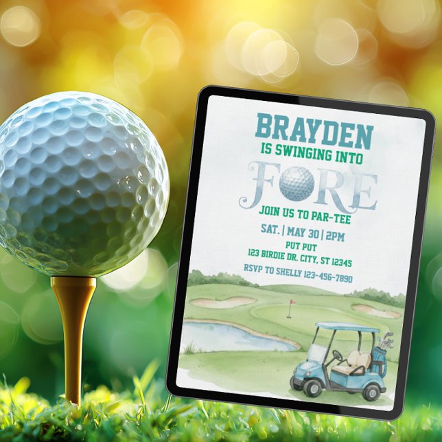 Swinging Into Fore, Blue Golf 4th Birthday Invitation (Creator Uploaded)