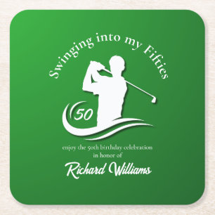 Swinging into My Fifties Modern Golf Player Party Square Paper Coaster