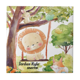 Swinging Lion, Fox, Bunny and Birds Blush Nature Tile