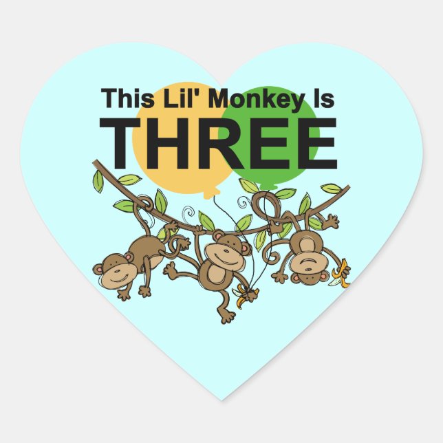 Swinging Monkeys 3rd Birthday tshirts and Gifts Heart Sticker (Front)