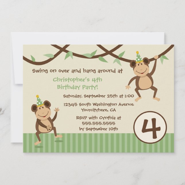 Swinging monkeys boy's birthday party invitation (Front)