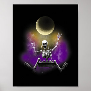 Swinging Skeleton Rockstar Moonlit Halloween Bones Poster