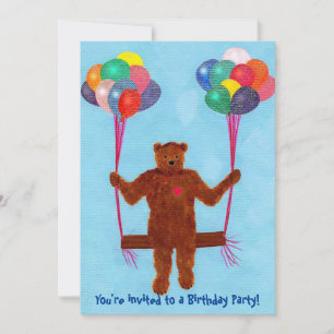 Swinging Teddy Bear Balloon Swing Birthday Invites