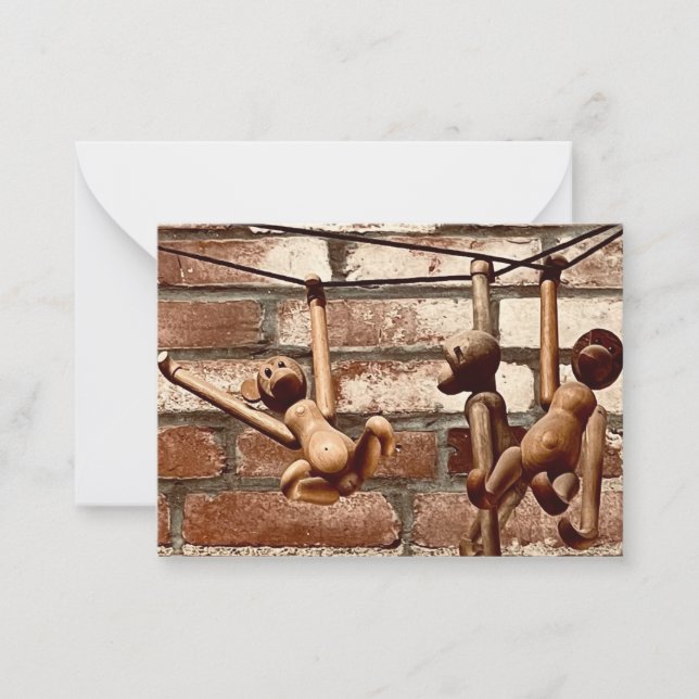 Swinging Wooden Toy Three Monkeys Note Cards (Front)