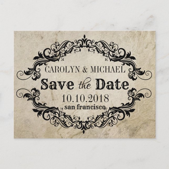 Swirl and Flourish antique Wedding Save the Date Announcement Postcard (Front)