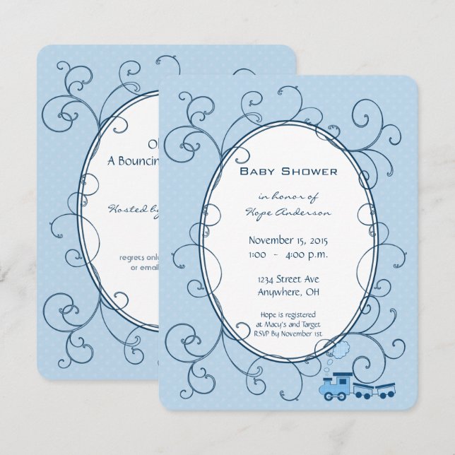 Swirl Baby Boy Blue Dot Train Shower Announcement (Front/Back)