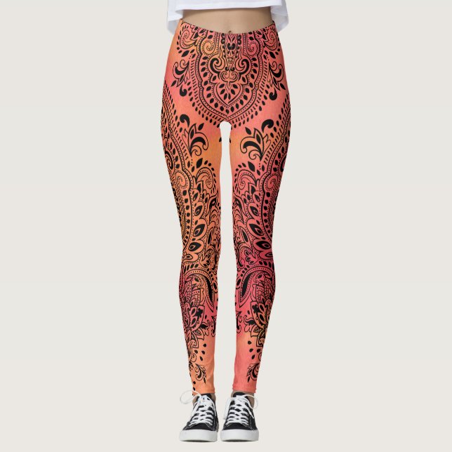 Swirl Black Ornament On Pink & Yellow Background Leggings (Front)