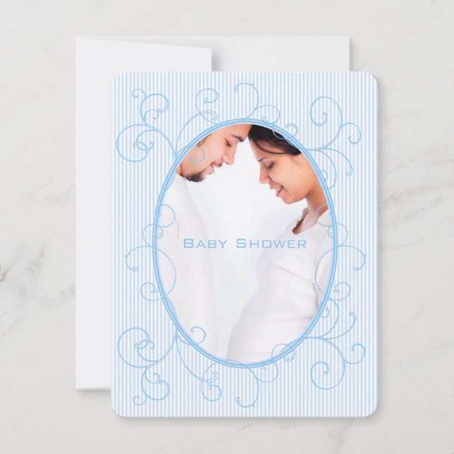 Swirl Blue Stripes on White Photo Baby Boy Shower Invitation (Front)