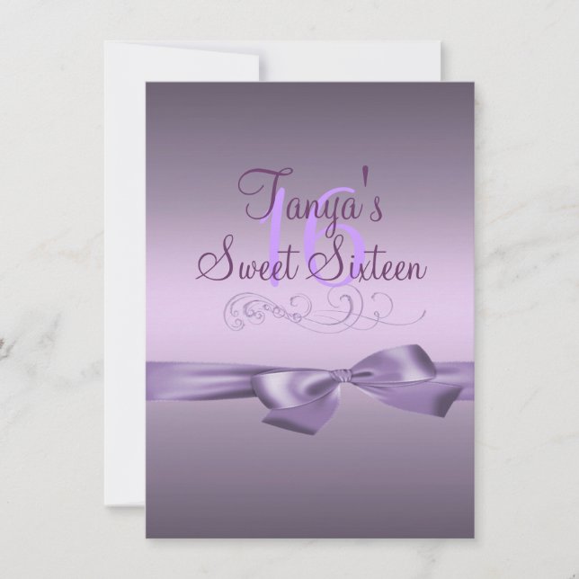 Swirl & Bow Purple Birthday Invite (Front)