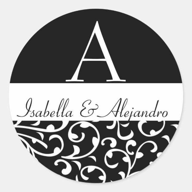 Swirl Damask Monogram Names Wedding Favour Labels (Front)