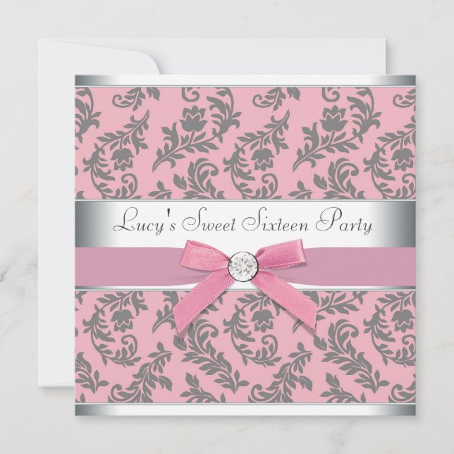 Swirl Damask Pink and Grey Sweet 16 Party Invitation (Front)