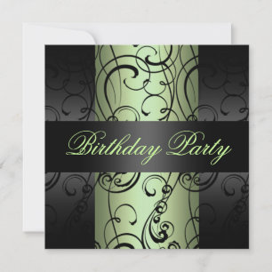 Swirl Elegant Green/Black Design Birthday Invite