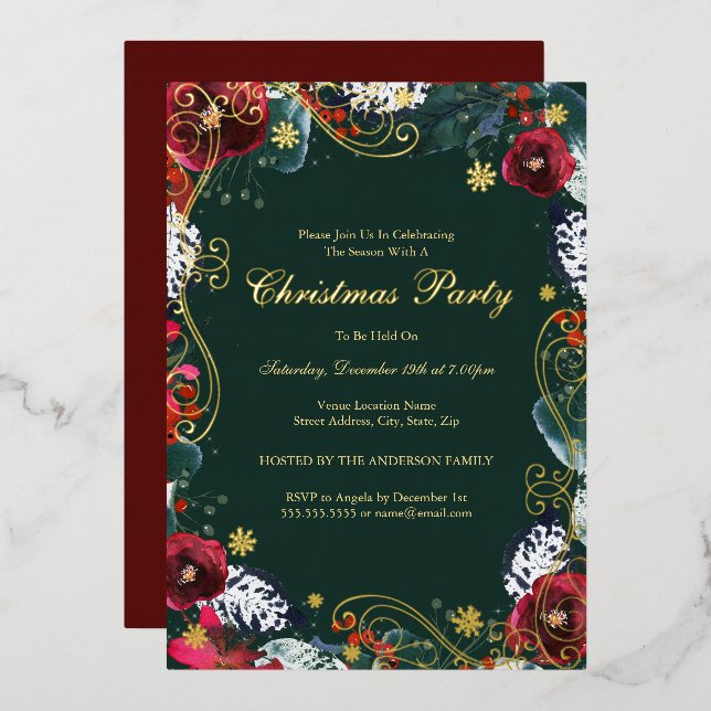 Swirl Floral Green Gold Red Christmas Party  (Front/Back)