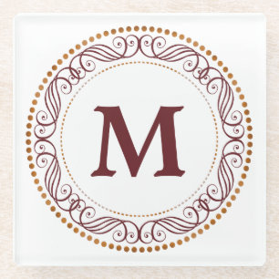 Swirl Frame Red Monogram Glass Coaster