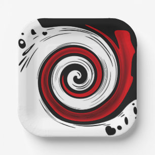 Swirl liquid circle modern black red white colors paper plate
