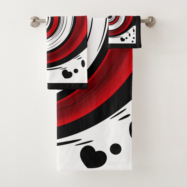 Swirl liquid circle modern black red white colours bath towel set (Insitu)