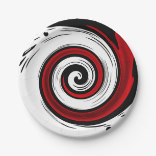 Swirl liquid circle modern black red white colours paper plate