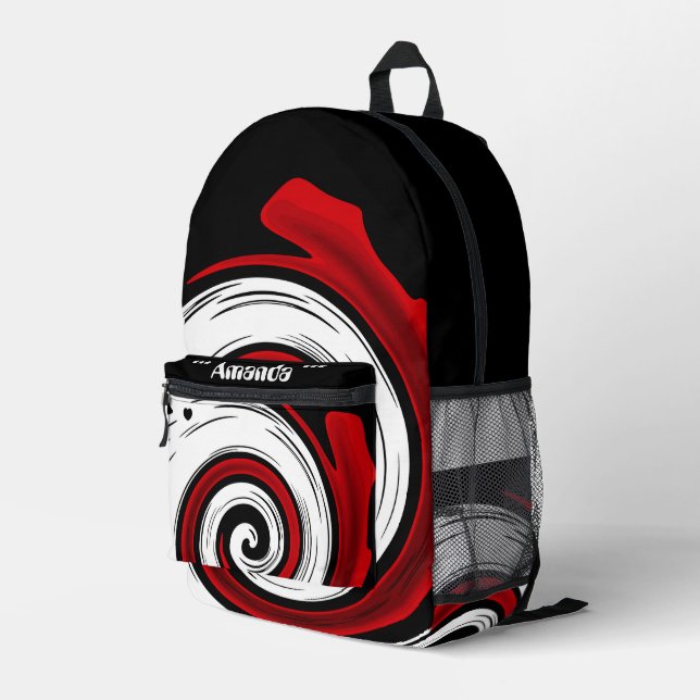 Swirl liquid circle modern black red white colours printed backpack (Back Corner Right)
