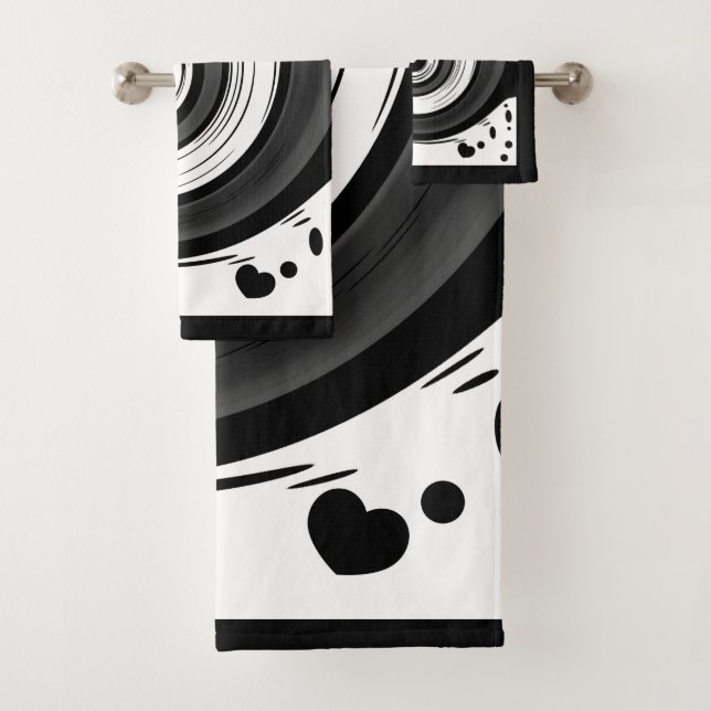Swirl liquid circle modern black white colours bath towel set (Insitu)