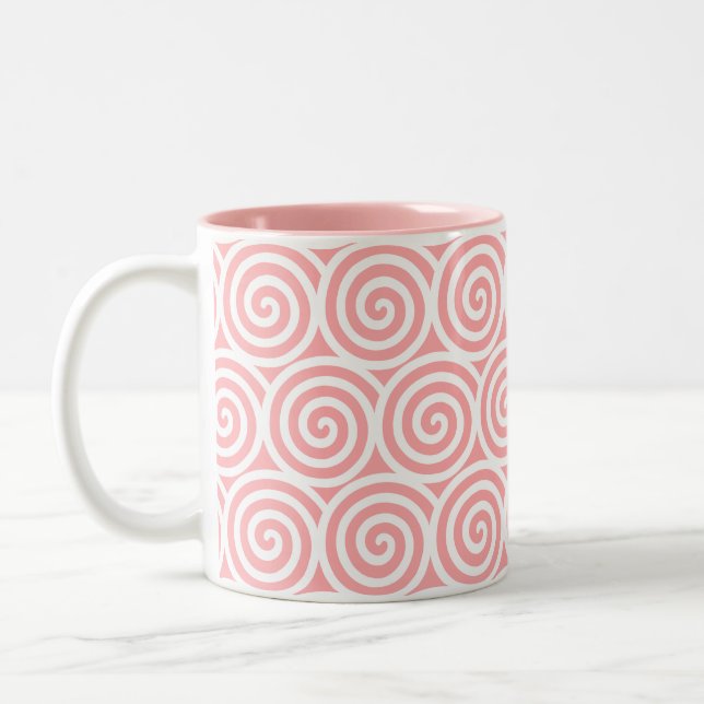 Swirl Spiral Circles on Pink & White Two-Tone Coffee Mug (Left)