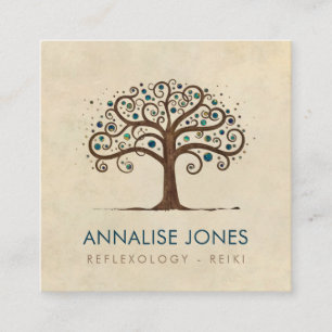 Swirl Tree of Life - Marble and Gold leaves Square Business Card