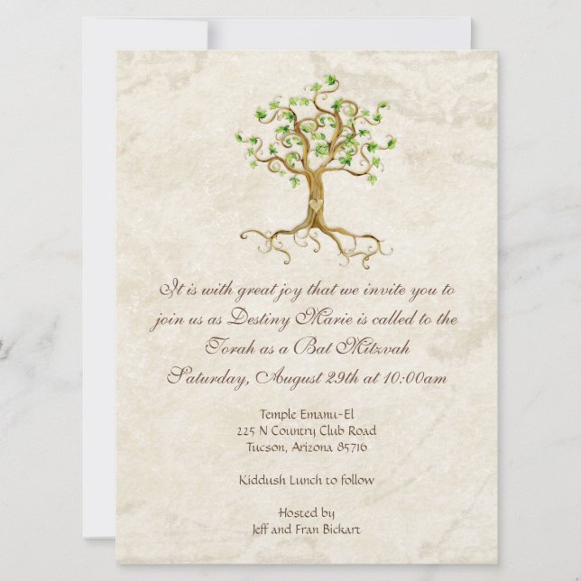 Swirl Tree Roots Antiqued Bat Mitzvah Invite (Front)