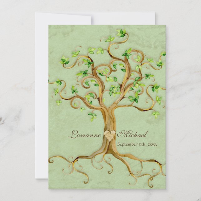 Swirl Tree Roots Antiqued Green Parchment Wedding Invitation (Front)