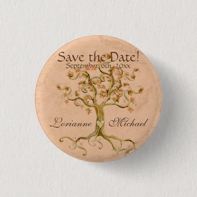 Swirl Tree Roots Antiqued Parchment Save the Date 3 Cm Round Badge (Front)
