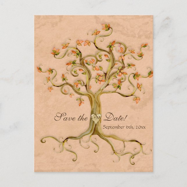 Swirl Tree Roots Antiqued Parchment Wedding Save Announcement Postcard (Front)