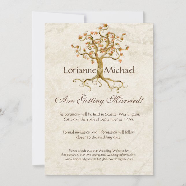 Swirl Tree Roots Antiqued Parchment Wedding Save Invitation (Front)