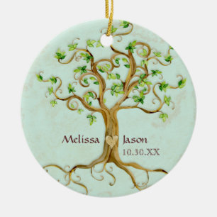 Swirl Tree Roots Antiqued Personalised Names Heart Ceramic Tree Decoration