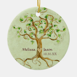 Swirl Tree Roots Antiqued Personalised Names Heart Ceramic Tree Decoration