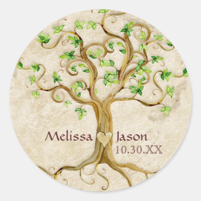 Swirl Tree Roots Antiqued Personalised Names Heart Classic Round Sticker (Front)