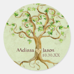 Swirl Tree Roots Antiqued Personalised Names Heart Classic Round Sticker
