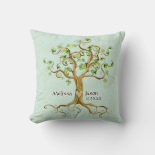 Swirl Tree Roots Antiqued Personalised Names Heart Cushion