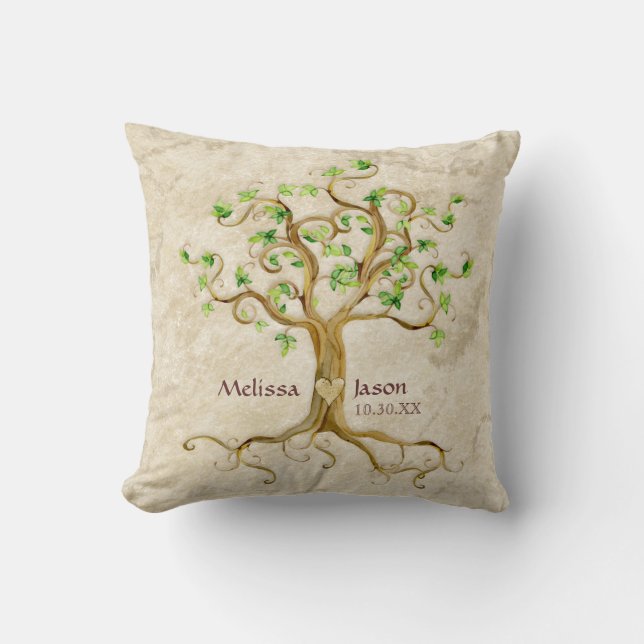 Swirl Tree Roots Antiqued Personalised Names Heart Cushion (Front)