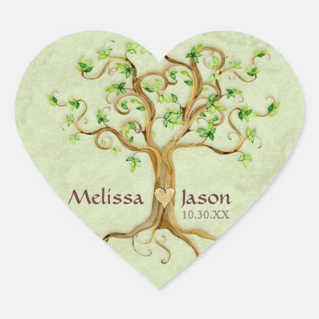 Swirl Tree Roots Antiqued Personalised Names Heart Heart Sticker (Front)