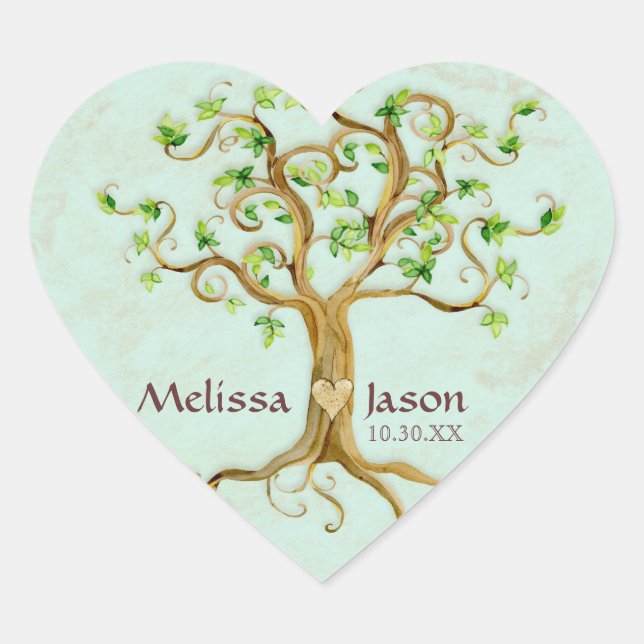 Swirl Tree Roots Antiqued Personalised Names Heart Heart Sticker (Front)