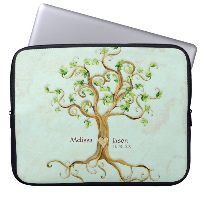 Swirl Tree Roots Antiqued Personalised Names Heart Laptop Sleeve (Front)