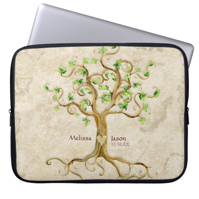 Swirl Tree Roots Antiqued Personalised Names Heart Laptop Sleeve (Front)