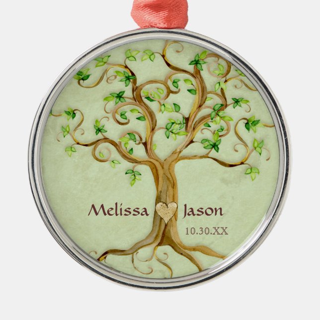 Swirl Tree Roots Antiqued Personalised Names Heart Metal Tree Decoration (Front)