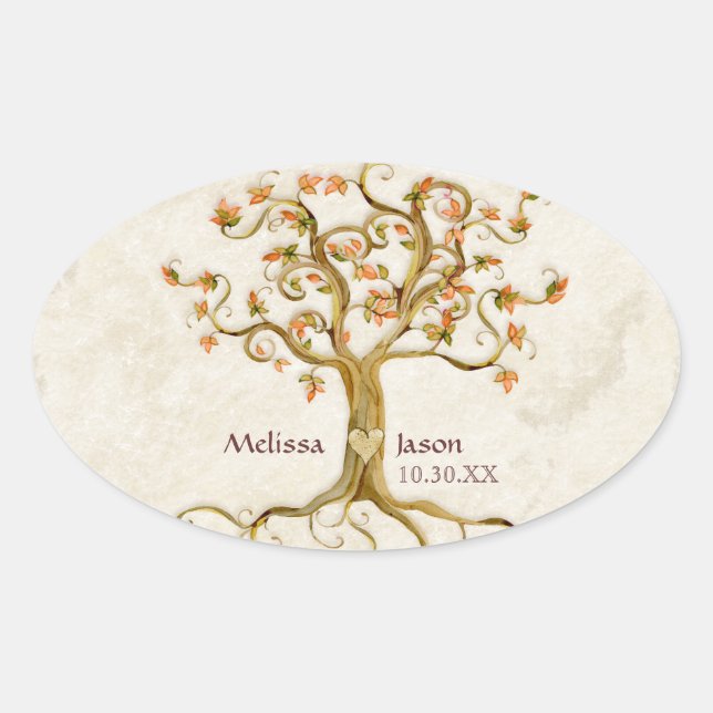 Swirl Tree Roots Antiqued Personalised Names Heart Oval Sticker (Front)