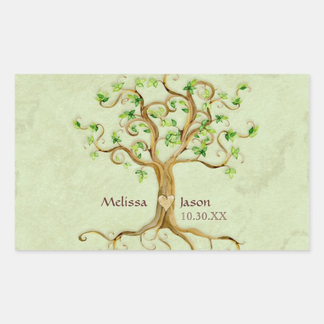 Swirl Tree Roots Antiqued Personalised Names Heart Rectangular Sticker (Front)