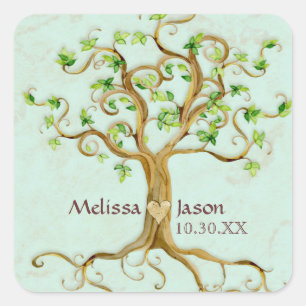 Swirl Tree Roots Antiqued Personalised Names Heart Square Sticker