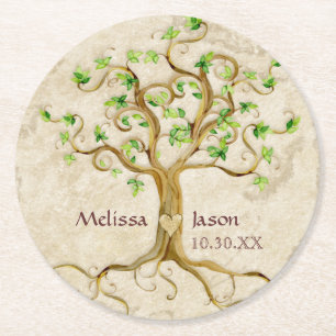 Swirl Tree Roots Antiqued Personalised Wedding Art Round Paper Coaster