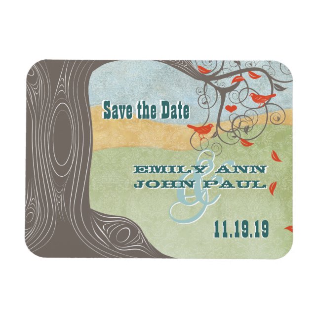 Swirl Tree Wood Love Birds Grain Save the Date Magnet (Horizontal)