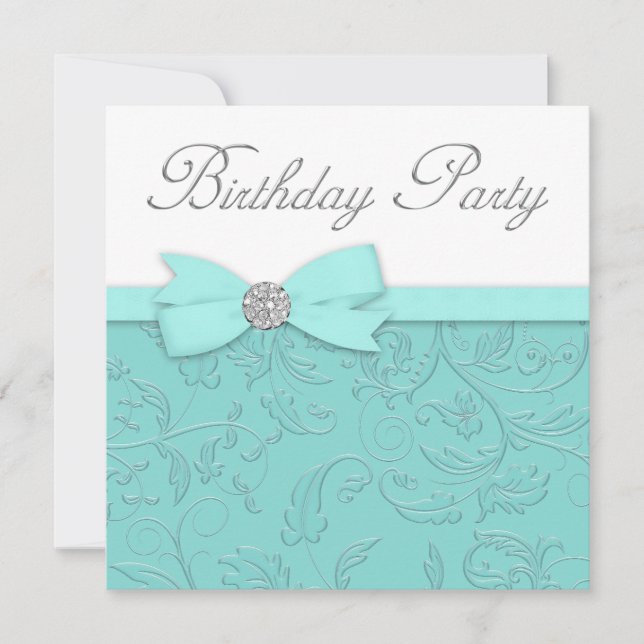 Swirl Vines Teal Blue Birthday Party Invitation (Front)