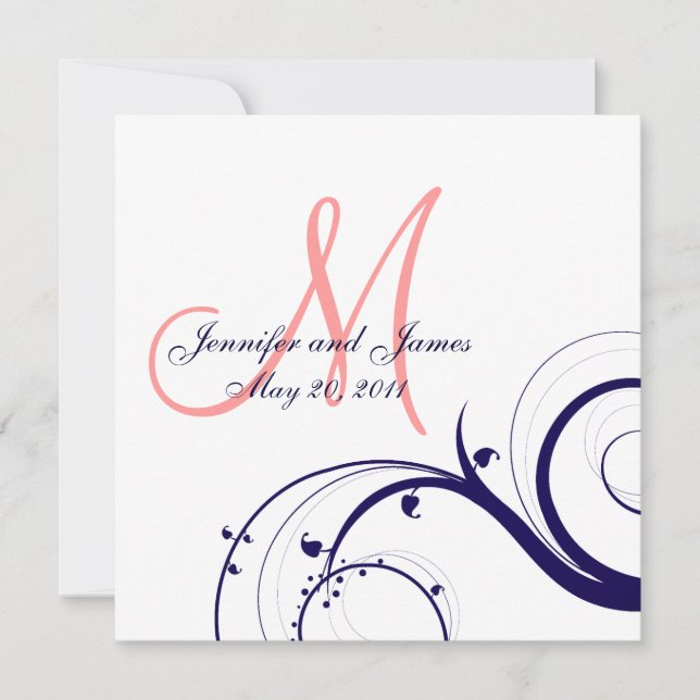 Swirl Wedding Invitations Navy Blue Coral Pink (Front)